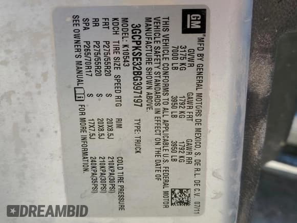 ✅ 2011 Chevrolet Silverado 1500 LT • VIN: 3GCPKSE32BG397197 • Lot: 71284504. Listed on Copart with Not provided. Free auction sales archive from the USA and detailed vehicle history report at DreamBid. Image 12.