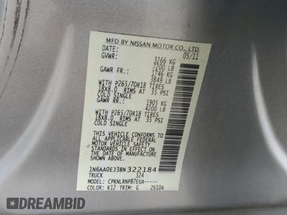 ✅ 2011 Nissan Titan SV • VIN: 1N6AA0EJ3BN322184 • Lot: 58936335. Listed on Copart with 114,863 mi. Free auction sales archive from the USA and detailed vehicle history report at DreamBid. Image 12.