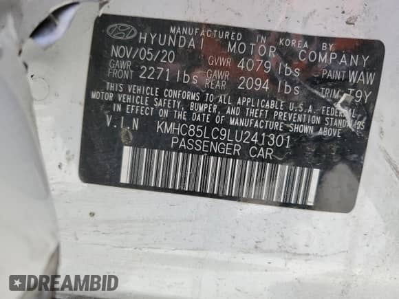 2020 Hyundai Ioniq SEL с VIN KMHC85LC9LU241301, выставлен на аукционе Copart как лот 69336694 с пробегом Не указан миль и Списание • Salvage title. История ставок и продаж доступна на DreamBid. Изображение 12.