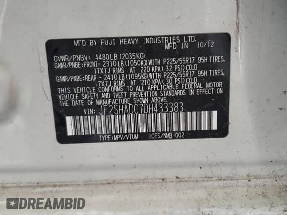 2013 Subaru Forester X Premium z VIN JF2SHADC7DH433383, wystawiony jako Copart lot #86993955 z przebiegiem 139 236 mil mil oraz Szkoda całkowita • Salvage title. Historia ofert i sprzedaży dostępna na DreamBid. Obrazek 13.