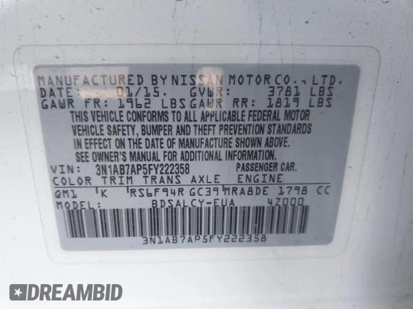 ✅ 2015 Nissan Sentra SV • VIN: 3N1AB7AP5FY222358 • Лот: 43752305. Опубликован ранее на IAAI с пробегом 116 195 миль. Бесплатный доступ к архиву аукционных продаж из США и подробный отчёт об истории автомобиля на DreamBid. Изображение 9.