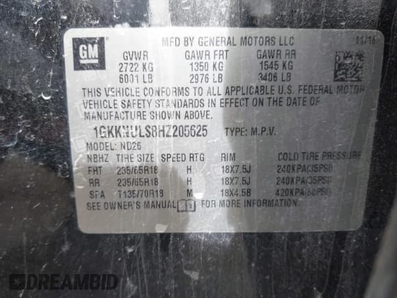 ✅ 2017 GMC Acadia SLT • VIN: 1GKKNULS8HZ205625 • Lot: 43498690. Listed on IAAI with 126,969 mi. Free auction sales archive from the USA and detailed vehicle history report at DreamBid. Image 9.