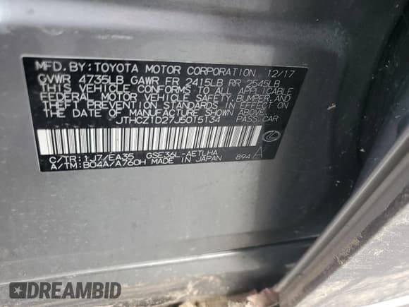 ✅ 2018 Lexus IS 350 • VIN: JTHCZ1D27J5015134 • Lot: 65922565. Listed on Copart with Not provided. Free auction sales archive from the USA and detailed vehicle history report at DreamBid. Image 12.