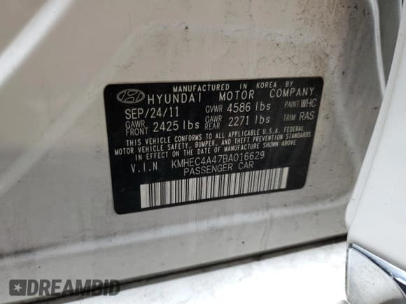 ✅ 2011 Hyundai Sonata Hybrid • VIN: KMHEC4A47BA016629 • Lot: 75920434. Listed on Copart with Not provided. Free auction sales archive from the USA and detailed vehicle history report at DreamBid. Image 12.