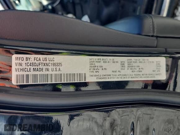 2022 Dodge Durango Pursuit z VIN 1C4SDJFTXNC195325, wystawiony jako Copart lot #63307725 z przebiegiem Nie podano mil oraz Szkoda całkowita • Salvage title. Historia ofert i sprzedaży dostępna na DreamBid. Obrazek 14.