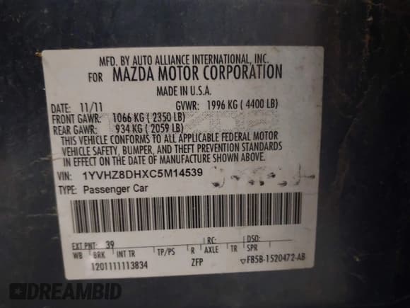 ✅ 2012 Mazda 6 i Touring • VIN: 1YVHZ8DHXC5M14539 • Lot: 43833888. Listed on IAAI with 291,987 mi. Free auction sales archive from the USA and detailed vehicle history report at DreamBid. Image 9.