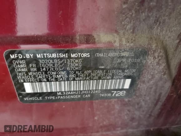 ✅ 2018 Mitsubishi Mirage SE • VIN: ML32A4HJ1JH012240 • Lot: 80521925. Listed on Copart with 55,207 mi. Free auction sales archive from the USA and detailed vehicle history report at DreamBid. Image 12.