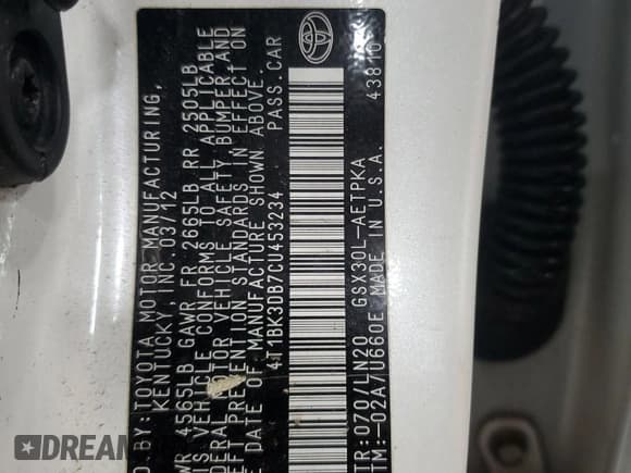 ✅ 2012 Toyota Avalon • VIN: 4T1BK3DB7CU453234 • Lot: 89435205. Listed on Copart with 113,742 mi. Free auction sales archive from the USA and detailed vehicle history report at DreamBid. Image 12.