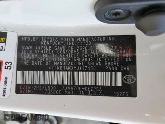 2021 Toyota Camry XSE с VIN 4T1K61AKXMU417150, выставлен на аукционе Copart как лот 80192245 с пробегом 63 297 миль миль и Списание • Salvage title. История ставок и продаж доступна на DreamBid. Изображение 12.
