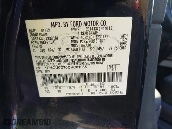 ✅ 2012 Ford Escape XLT • VIN: 1FMCU0D70CKC01085 • Лот: 43740898. Опубликован ранее на IAAI с пробегом 172 884 миль. Бесплатный доступ к архиву аукционных продаж из США и подробный отчёт об истории автомобиля на DreamBid. Изображение 9.