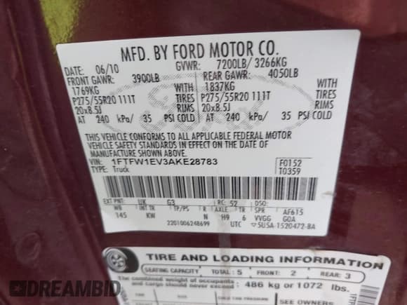 ✅ 2010 Ford F-150 XL • VIN: 1FTFW1EV3AKE28783 • Lot: 43550282. Listed on IAAI with 273,607 mi. Free auction sales archive from the USA and detailed vehicle history report at DreamBid. Image 9.