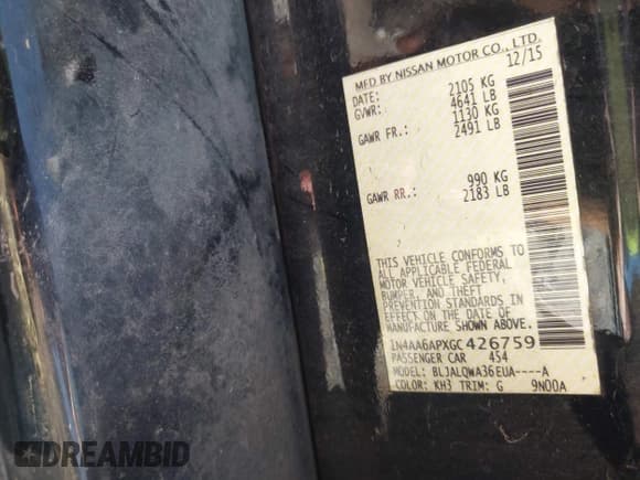 ✅ 2016 Nissan Maxima SV • VIN: 1N4AA6APXGC426759 • Lot: 43147886. Listed on IAAI with 171,634 mi. Free auction sales archive from the USA and detailed vehicle history report at DreamBid. Image 9.