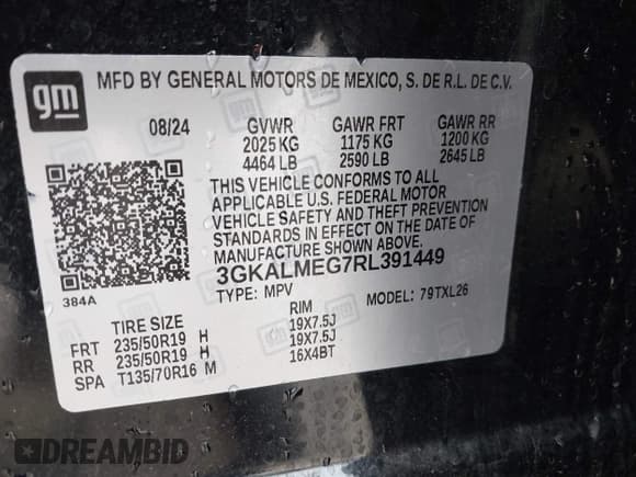 ✅ 2024 GMC Terrain SLE • VIN: 3GKALMEG7RL391449 • Lot: 43510081. Listed on IAAI with 37,150 mi. Free auction sales archive from the USA and detailed vehicle history report at DreamBid. Image 9.