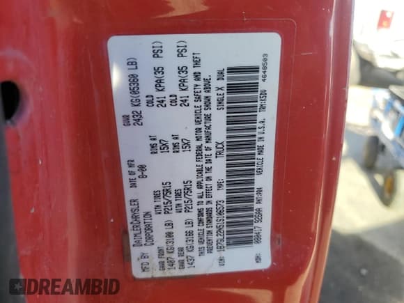 ✅ 2001 Dodge Dakota Sport • VIN: 1B7GL22N51S106573 • Lot: 79207134. Wystawiony na Copart z przebiegiem 267 965 mil. Bezpłatny archiwum sprzedaży aukcyjnych z USA i szczegółowy raport historii pojazdu na DreamBid. Zdjęcie 12.