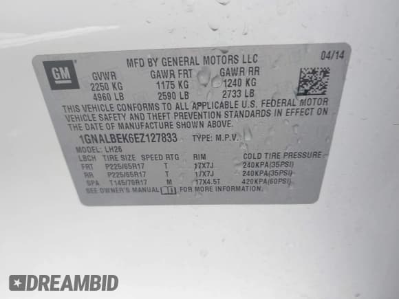 ✅ 2014 Chevrolet Equinox LT • VIN: 1GNALBEK6EZ127833 • Lot: 43583795. Wystawiony na IAAI z przebiegiem 123 302 mil. Bezpłatny archiwum sprzedaży aukcyjnych z USA i szczegółowy raport historii pojazdu na DreamBid. Zdjęcie 9.