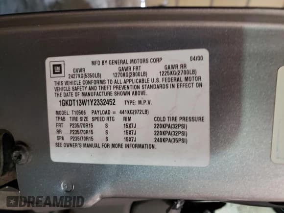 ✅ 2000 GMC Jimmy SLE Convenience • VIN: 1GKDT13W1Y2332452 • Lot: 42083315. Wystawiony na Copart z przebiegiem 178 934 mil. Bezpłatny archiwum sprzedaży aukcyjnych z USA i szczegółowy raport historii pojazdu na DreamBid. Zdjęcie 15.