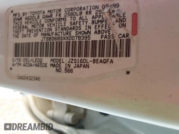 ✅ 1999 Lexus GS 300 • VIN: JT8BD68SXX0078395 • Lot: 42946332. Listed on IAAI with Not provided. Free auction sales archive from the USA and detailed vehicle history report at DreamBid. Image 9.