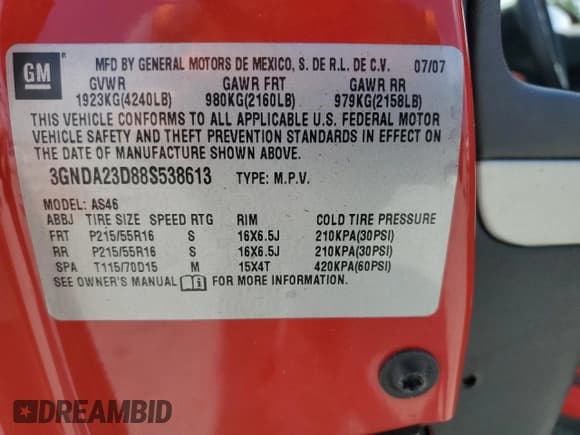 ✅ 2008 Chevrolet HHR LT • VIN: 3GNDA23D88S538613 • Лот: 69454215. Опубликован ранее на Copart с пробегом 160 868 миль. Бесплатный доступ к архиву аукционных продаж из США и подробный отчёт об истории автомобиля на DreamBid. Изображение 12.