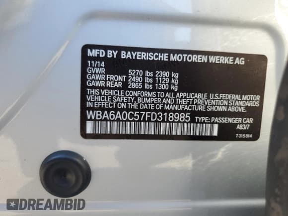 ✅ 2015 BMW 6 Series 640i • VIN: WBA6A0C57FD318985 • Lot: 61266833. Listed on Copart with 59,205 mi. Free auction sales archive from the USA and detailed vehicle history report at DreamBid. Image 12.