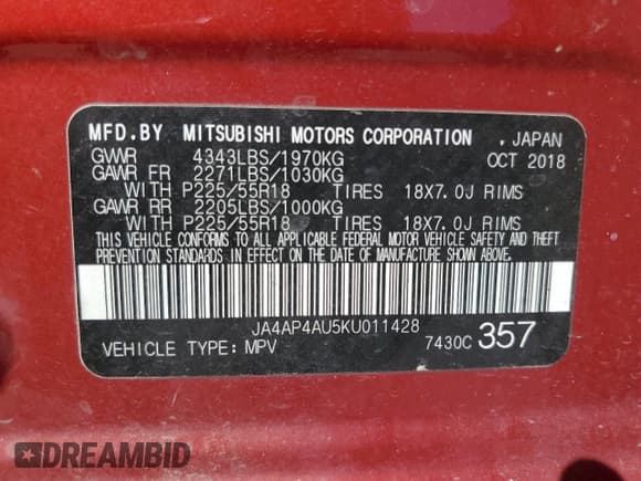 ✅ 2019 Mitsubishi Outlander SE • VIN: JA4AP4AU5KU011428 • Lot: 85545885. Listed on Copart with 189,092 mi. Free auction sales archive from the USA and detailed vehicle history report at DreamBid. Image 13.