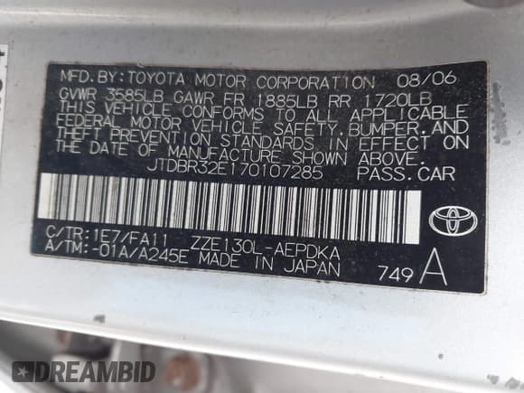 ✅ 2007 Toyota Corolla CE • VIN: JTDBR32E170107285 • Lot: 43727442. Wystawiony na IAAI z przebiegiem 131 405 mil. Bezpłatny archiwum sprzedaży aukcyjnych z USA i szczegółowy raport historii pojazdu na DreamBid. Zdjęcie 9.