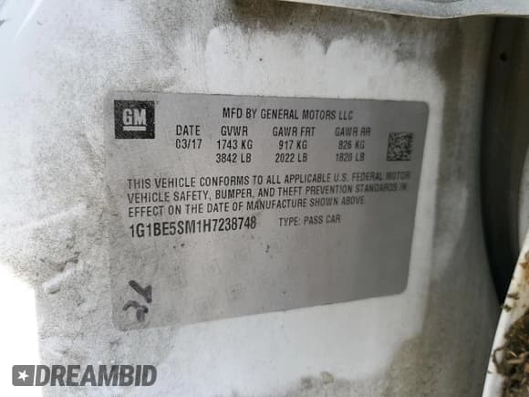 ✅ 2017 Chevrolet Cruze LT • VIN: 1G1BE5SM1H7238748 • Lot: 49433433. Listed on Copart with 100,214 mi. Free auction sales archive from the USA and detailed vehicle history report at DreamBid. Image 15.