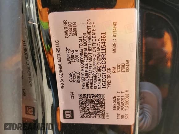 ✅ 2024 Chevrolet Colorado 4WD LT • VIN: 1GCGTCEC8R1154361 • Лот: 63114004. Опубликован ранее на Copart с пробегом Не указан. Бесплатный доступ к архиву аукционных продаж из США и подробный отчёт об истории автомобиля на DreamBid. Изображение 14.