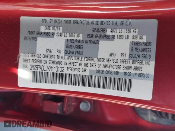 ✅ 2019 Mazda 3 Preferred • VIN: 3MZBPADL7KM113102 • Lot: 43492138. Wystawiony na IAAI z przebiegiem 54 459 mil. Bezpłatny archiwum sprzedaży aukcyjnych z USA i szczegółowy raport historii pojazdu na DreamBid. Zdjęcie 9.