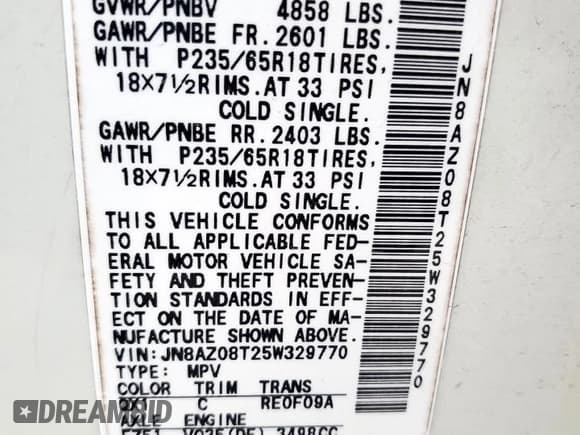 ✅ 2005 Nissan Murano SL • VIN: JN8AZ08T25W329770 • Lot: 70954985. Listed on Copart with 102,572 mi. Free auction sales archive from the USA and detailed vehicle history report at DreamBid. Image 14.