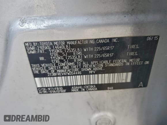 ✅ 2015 Toyota RAV4 LE • VIN: 2T3BFREV4FW354446 • Lot: 93785825. Listed on Copart with 148,232 mi. Free auction sales archive from the USA and detailed vehicle history report at DreamBid. Image 12.