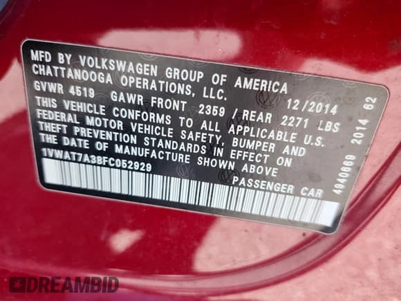 ✅ 2015 Volkswagen Passat S • VIN: 1VWAT7A38FC052929 • Lot: 41736981. Listed on IAAI with 87,464 mi. Free auction sales archive from the USA and detailed vehicle history report at DreamBid. Image 9.