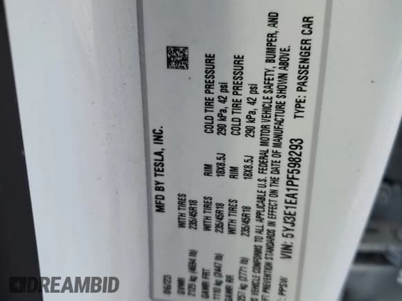 ✅ 2023 Tesla Model 3 • VIN: 5YJ3E1EA1PF598293 • Лот: 78103684. Опубликован ранее на Copart с пробегом 18 805 миль. Бесплатный доступ к архиву аукционных продаж из США и подробный отчёт об истории автомобиля на DreamBid. Изображение 12.