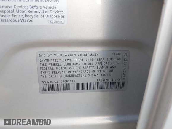 ✅ 2009 Volkswagen Passat Komfort • VIN: WVWJK73C19P053694 • Лот: 42591205. Опубликован ранее на IAAI с пробегом 104 227 миль. Бесплатный доступ к архиву аукционных продаж из США и подробный отчёт об истории автомобиля на DreamBid. Изображение 9.