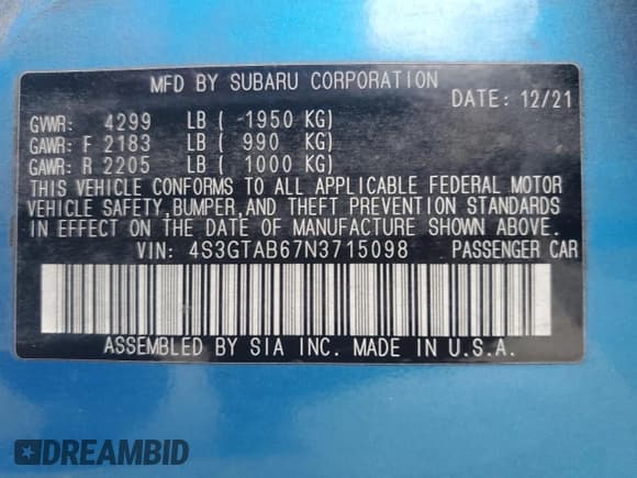 ✅ 2022 Subaru Impreza • VIN: 4S3GTAB67N3715098 • Lot: 85663615. Wystawiony na Copart z przebiegiem 58 721 mil. Bezpłatny archiwum sprzedaży aukcyjnych z USA i szczegółowy raport historii pojazdu na DreamBid. Zdjęcie 12.