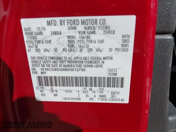 ✅ 2011 Ford Escape XLT • VIN: 1FMCU9DG9BKB12795 • Лот: 43713992. Опубликован ранее на IAAI с пробегом 144 770 миль. Бесплатный доступ к архиву аукционных продаж из США и подробный отчёт об истории автомобиля на DreamBid. Изображение 9.