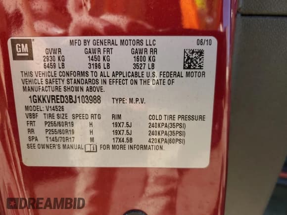 ✅ 2011 GMC Acadia SLT1 • VIN: 1GKKVRED3BJ103988 • Лот: 53773494. Опубликован ранее на Copart с пробегом 170 840 миль. Бесплатный доступ к архиву аукционных продаж из США и подробный отчёт об истории автомобиля на DreamBid. Изображение 12.