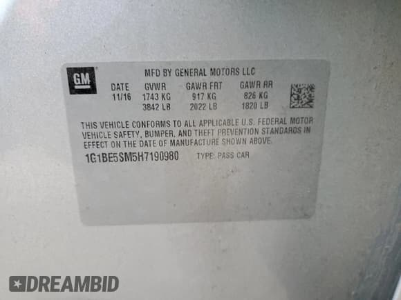 ✅ 2017 Chevrolet Cruze LT • VIN: 1G1BE5SM5H7190980 • Лот: 71453162. Опубликован ранее на Copart с пробегом 84 442 миль. Бесплатный доступ к архиву аукционных продаж из США и подробный отчёт об истории автомобиля на DreamBid. Изображение 14.
