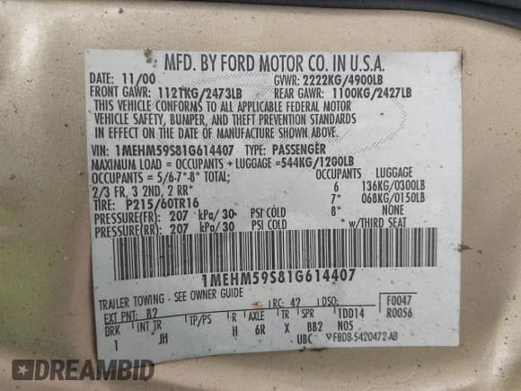 ✅ 2001 Mercury Sable LS Premium • VIN: 1MEHM59S81G614407 • Lot: 42154755. Listed on IAAI with 209,478 mi. Free auction sales archive from the USA and detailed vehicle history report at DreamBid. Image 9.