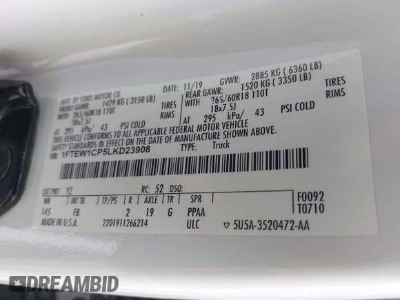 ✅ 2020 Ford F-150 XL • VIN: 1FTEW1CP5LKD23908 • Lot: 43161396. Listed on IAAI with 68,112 mi. Free auction sales archive from the USA and detailed vehicle history report at DreamBid. Image 9.