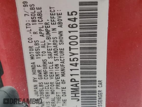 ✅ 2000 Honda S2000 • VIN: JHMAP1145YT001645 • Lot: 92281665. Wystawiony na Copart z przebiegiem 117 723 mil. Bezpłatny archiwum sprzedaży aukcyjnych z USA i szczegółowy raport historii pojazdu na DreamBid. Zdjęcie 12.