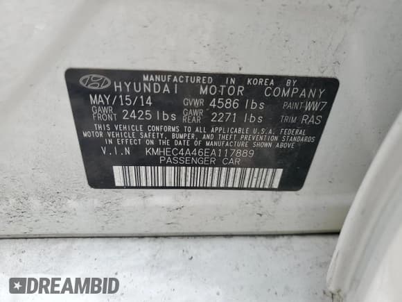✅ 2014 Hyundai Sonata • VIN: KMHEC4A46EA117889 • Lot: 69292024. Listed on Copart with Not provided. Free auction sales archive from the USA and detailed vehicle history report at DreamBid. Image 13.