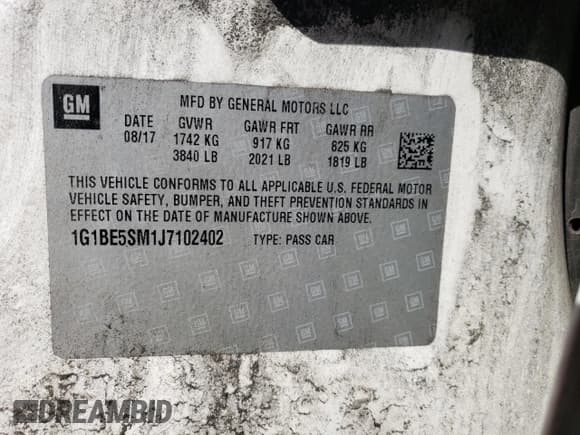 ✅ 2018 Chevrolet Cruze LT • VIN: 1G1BE5SM1J7102402 • Lot: 45327673. Listed on Copart with Not provided. Free auction sales archive from the USA and detailed vehicle history report at DreamBid. Image 13.