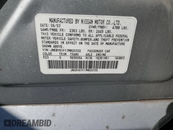 ✅ 2007 Infiniti G35 G35x • VIN: JNKBV61F17M820332 • Lot: 81222485. Listed on Copart with Not provided. Free auction sales archive from the USA and detailed vehicle history report at DreamBid. Image 13.