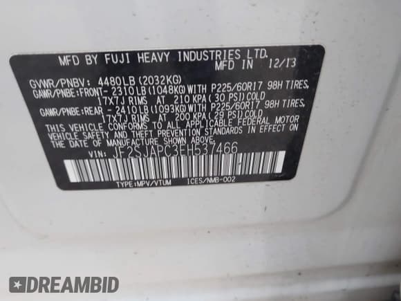 ✅ 2014 Subaru Forester Touring • VIN: JF2SJAPC3EH537466 • Lot: 43556780. Listed on IAAI with 127,870 mi. Free auction sales archive from the USA and detailed vehicle history report at DreamBid. Image 9.