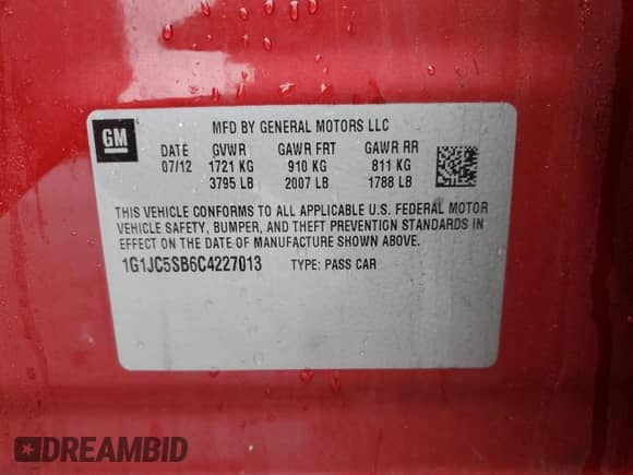 2012 Chevrolet Sonic LT with VIN 1G1JC5SB6C4227013, listed as a Copart auction lot 51436355 with 146,374 mi miles and Salvage title. Bid and sale history available at DreamBid. Image 12.