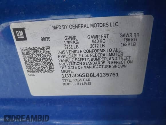 2020 Chevrolet Sonic LT с VIN 1G1JD6SB8L4135761, выставлен на аукционе IAAI как лот 42289523 с пробегом Не указан миль и . История ставок и продаж доступна на DreamBid. Изображение 9.