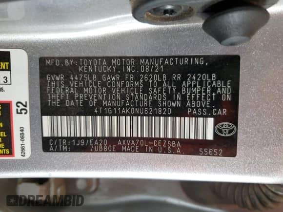 2022 Toyota Camry SE z VIN 4T1G11AK0NU621820, wystawiony jako Copart lot #86604205 z przebiegiem 101 107 mil mil oraz Szkoda całkowita • Salvage title. Historia ofert i sprzedaży dostępna na DreamBid. Obrazek 12.