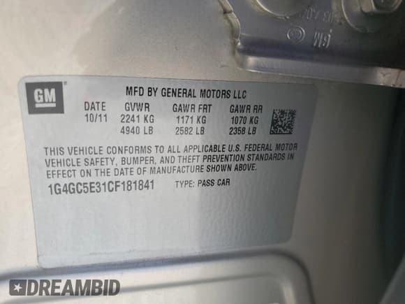 ✅ 2012 Buick LaCrosse Leather • VIN: 1G4GC5E31CF181841 • Lot: 57676795. Listed on Copart with 148,468 mi. Free auction sales archive from the USA and detailed vehicle history report at DreamBid. Image 12.