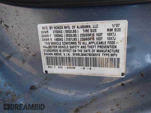 ✅ 2007 Honda Odyssey EX • VIN: 5FNRL38467B036519 • Lot: 43702862. Listed on IAAI with 218,014 mi. Free auction sales archive from the USA and detailed vehicle history report at DreamBid. Image 9.