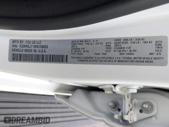 ✅ 2021 Ram 1500 Laramie • VIN: 1C6RREJT1MN709653 • Lot: 41951192. Listed on IAAI with 39,688 mi. Free auction sales archive from the USA and detailed vehicle history report at DreamBid. Image 9.